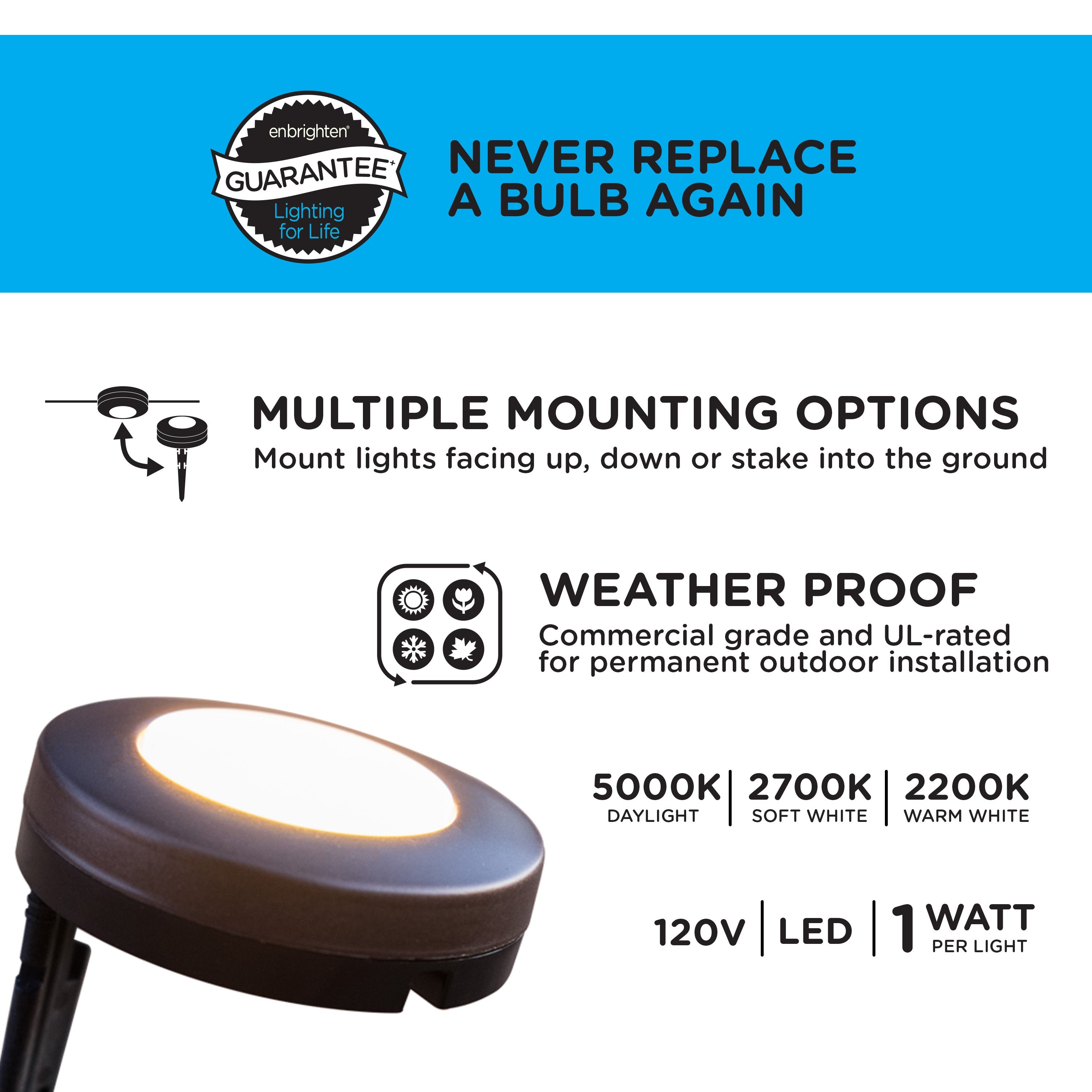 Enbrighten Seasons Color-Changing LED Landscape Lights, 6 Pucks, 40ft. Black Cord