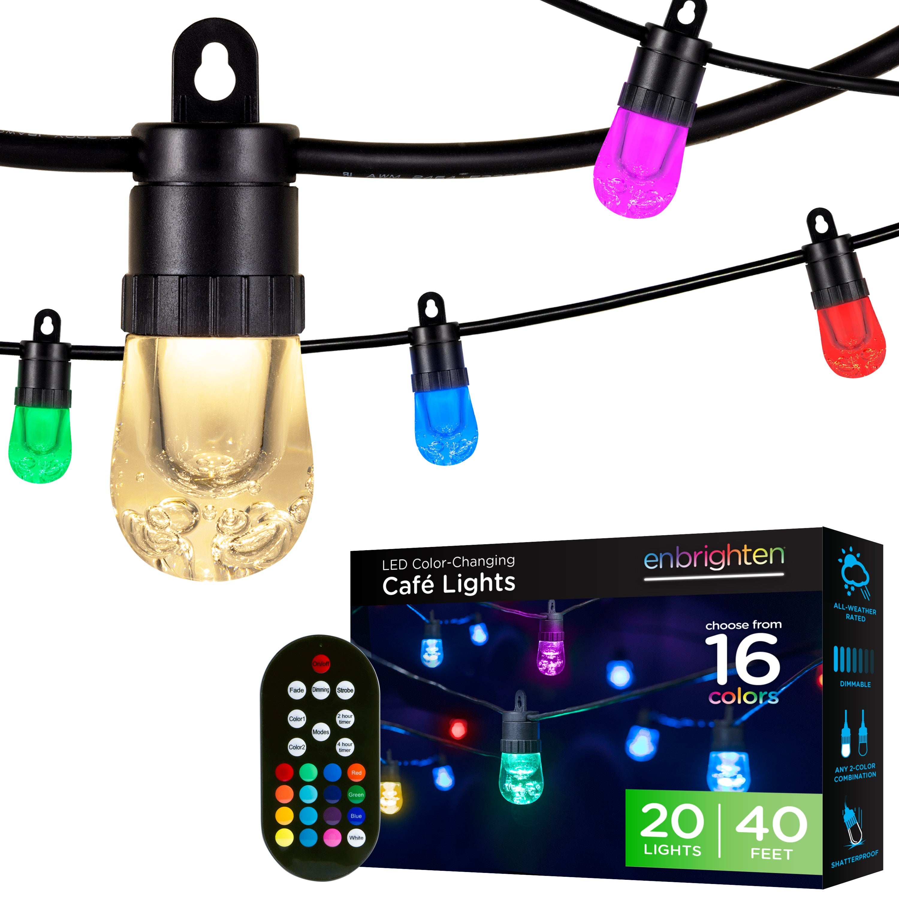 Enbrighten Ecoscapes Seasons Color-Changing LED Cafe Lights, 20 Bulbs, 40ft. Black Cord