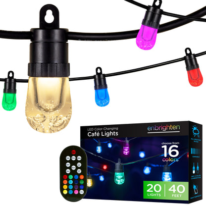 Enbrighten Ecoscapes Seasons Color-Changing LED Cafe Lights, 20 Bulbs, 40ft. Black Cord