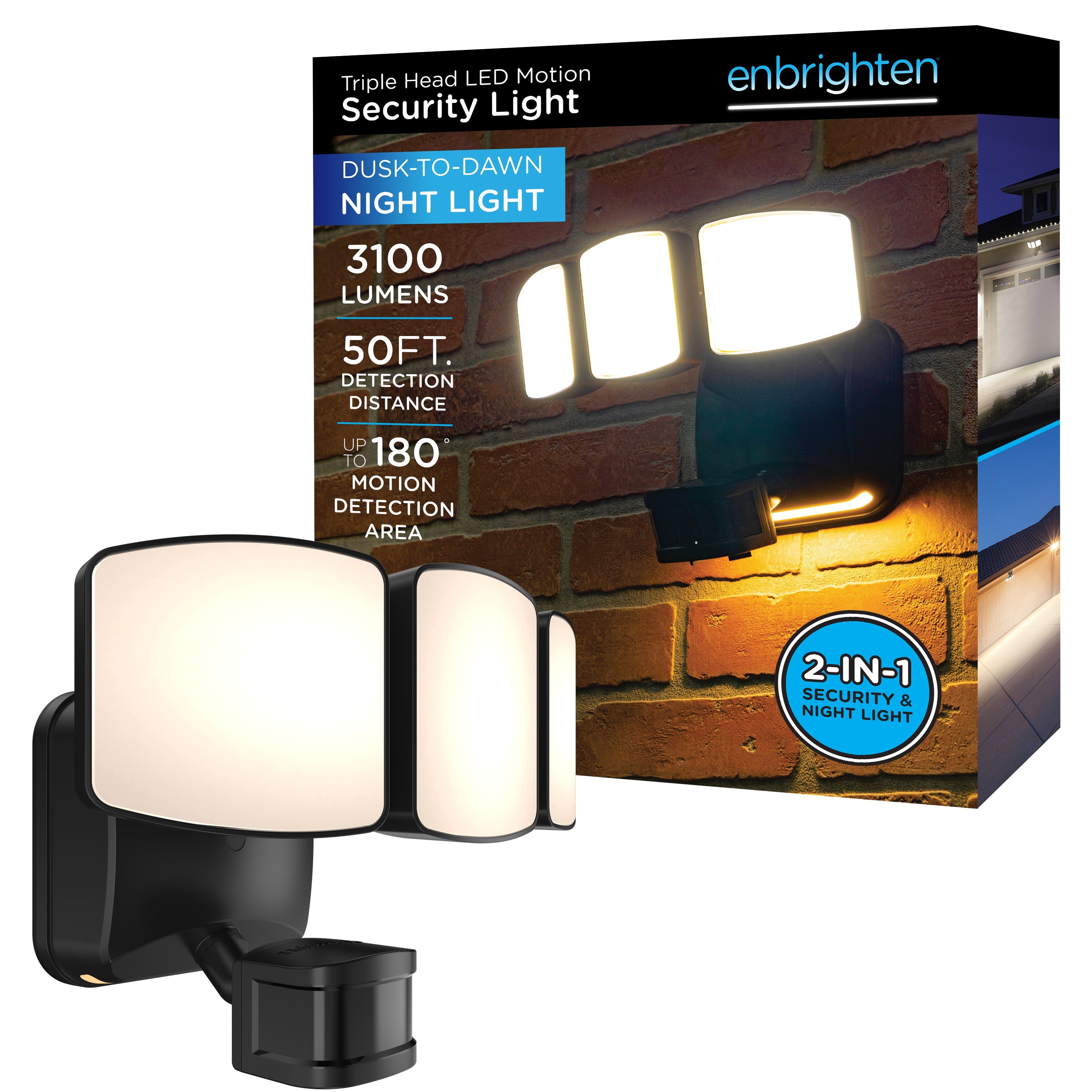 Enbrighten Outdoor 3-Head Motion-Sensing Security Light With LED Night Light, Black