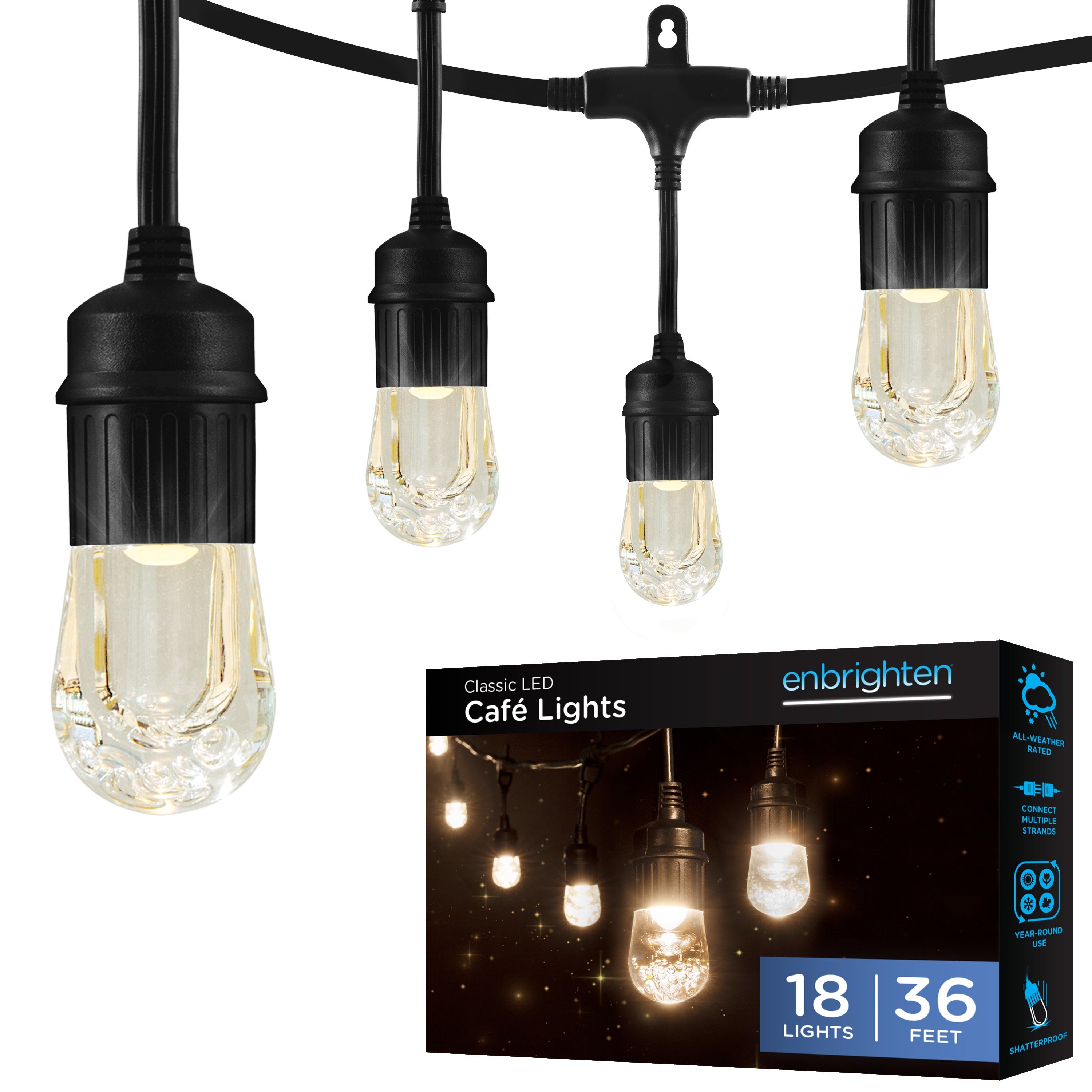 Enbrighten Classic LED Cafe Lights, 36ft. Black Cord