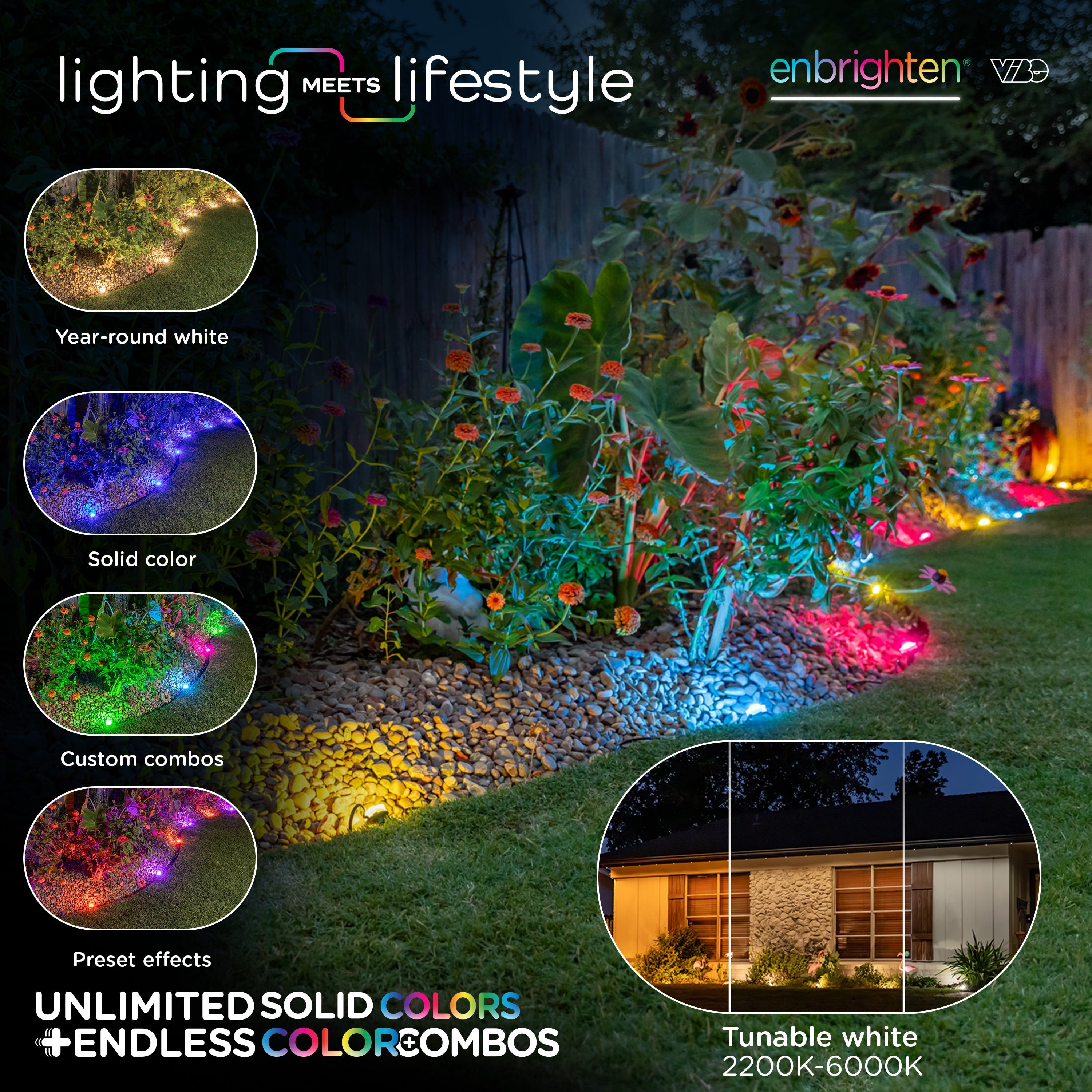 Enbrighten WiFi VIBE Color-Changing Eternity Landscape Lights, 8 Lights, 33ft. Black Cord