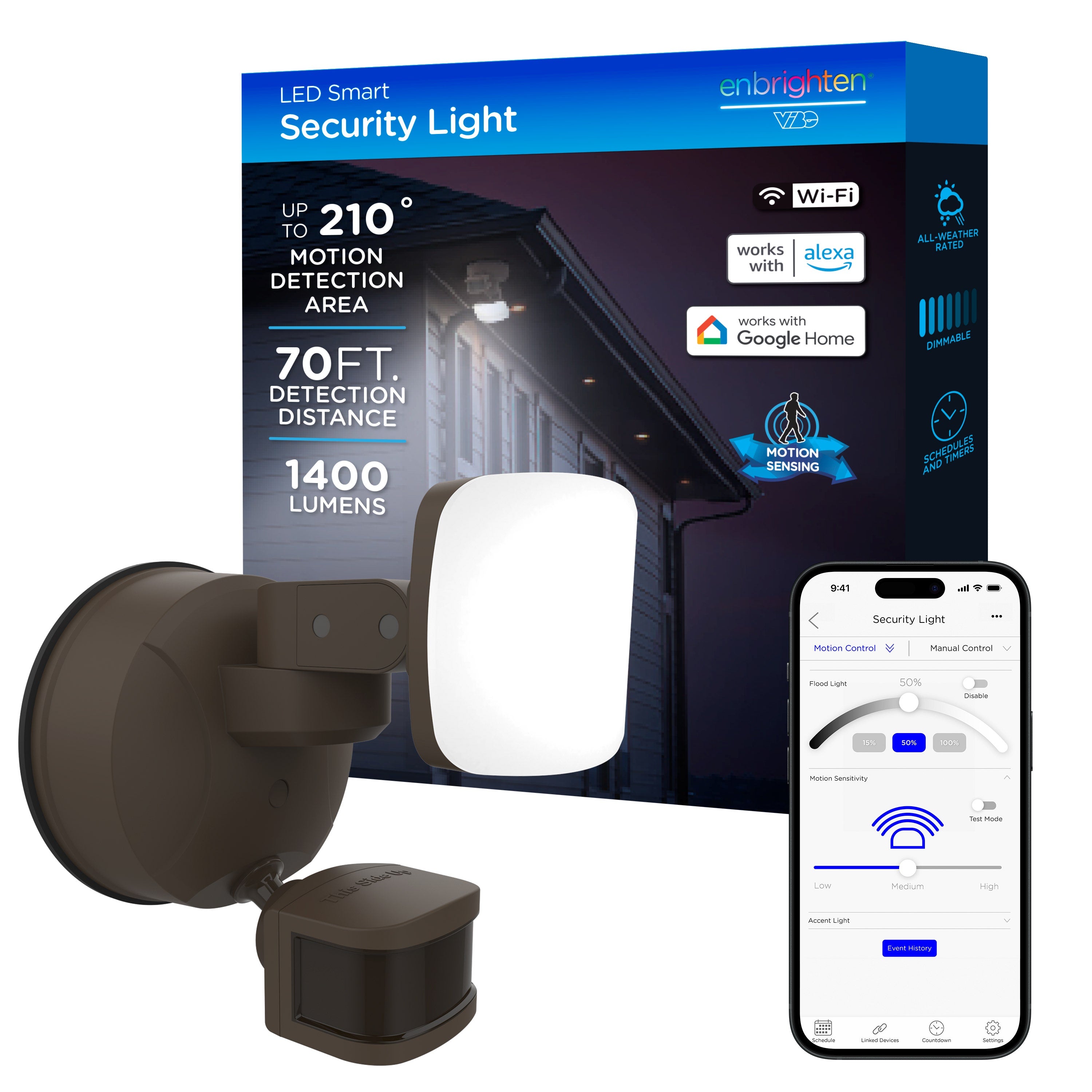 Enbrighten VIBE Outdoor Single-Head Motion-Sensing WiFi LED Security Light, Bronze
