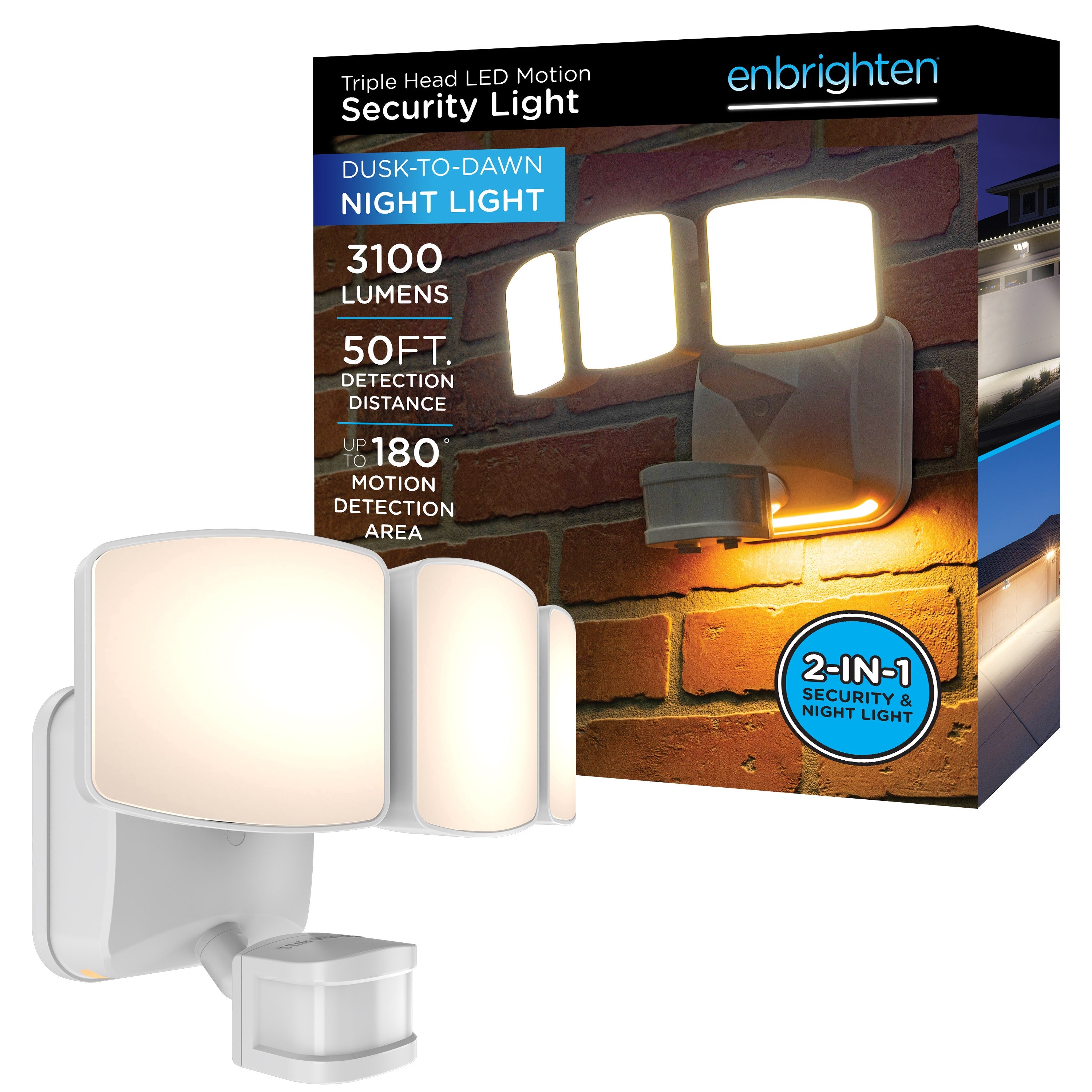 Enbrighten Outdoor 3-Head Motion-Sensing Security Light With LED Night Light, White