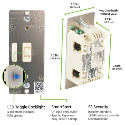 Enbrighten Z-Wave In-Wall Smart Toggle Switch with QuickFit™ and SimpleWire™, Light Almond