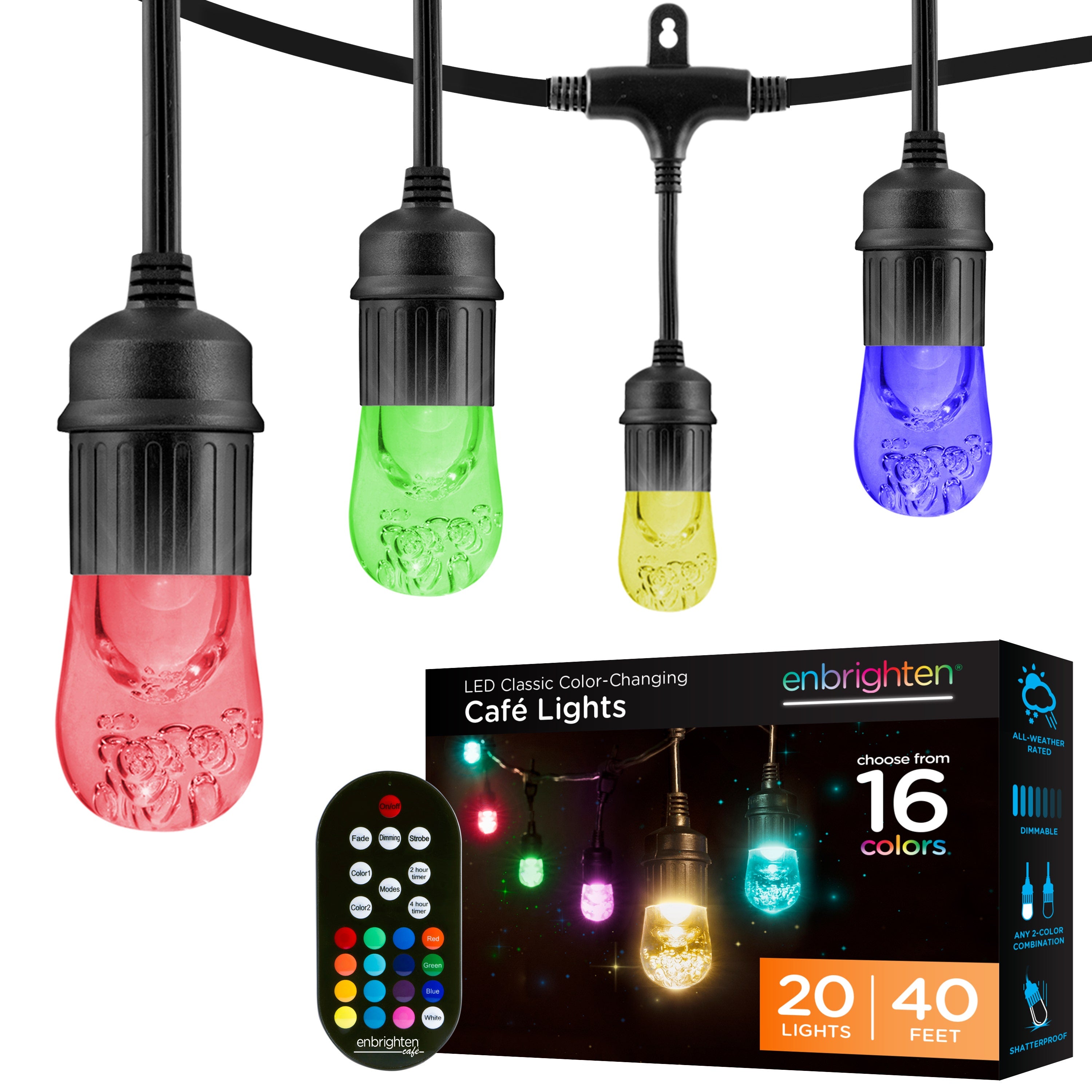 Enbrighten Seasons Color-Changing Classic LED Cafe Lights, 20 Bulbs, 40ft. Black Cord