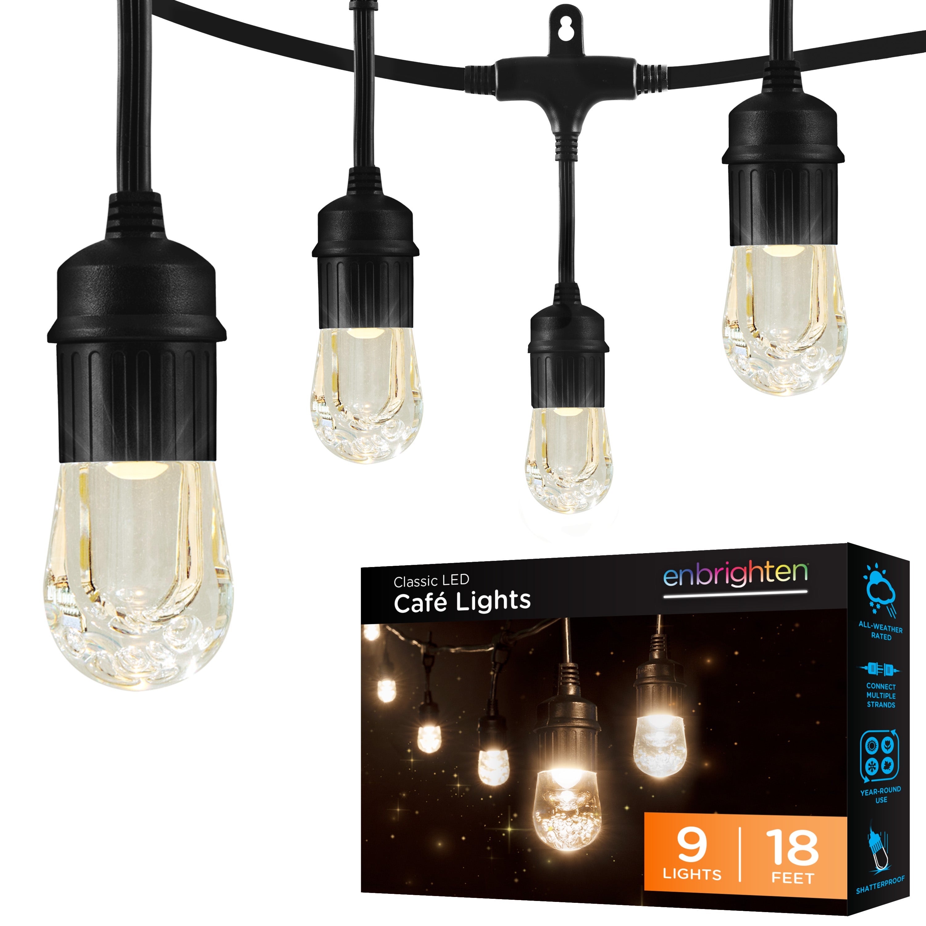 Enbrighten Classic LED Cafe Lights, 9 Bulbs, 18ft. Black Cord