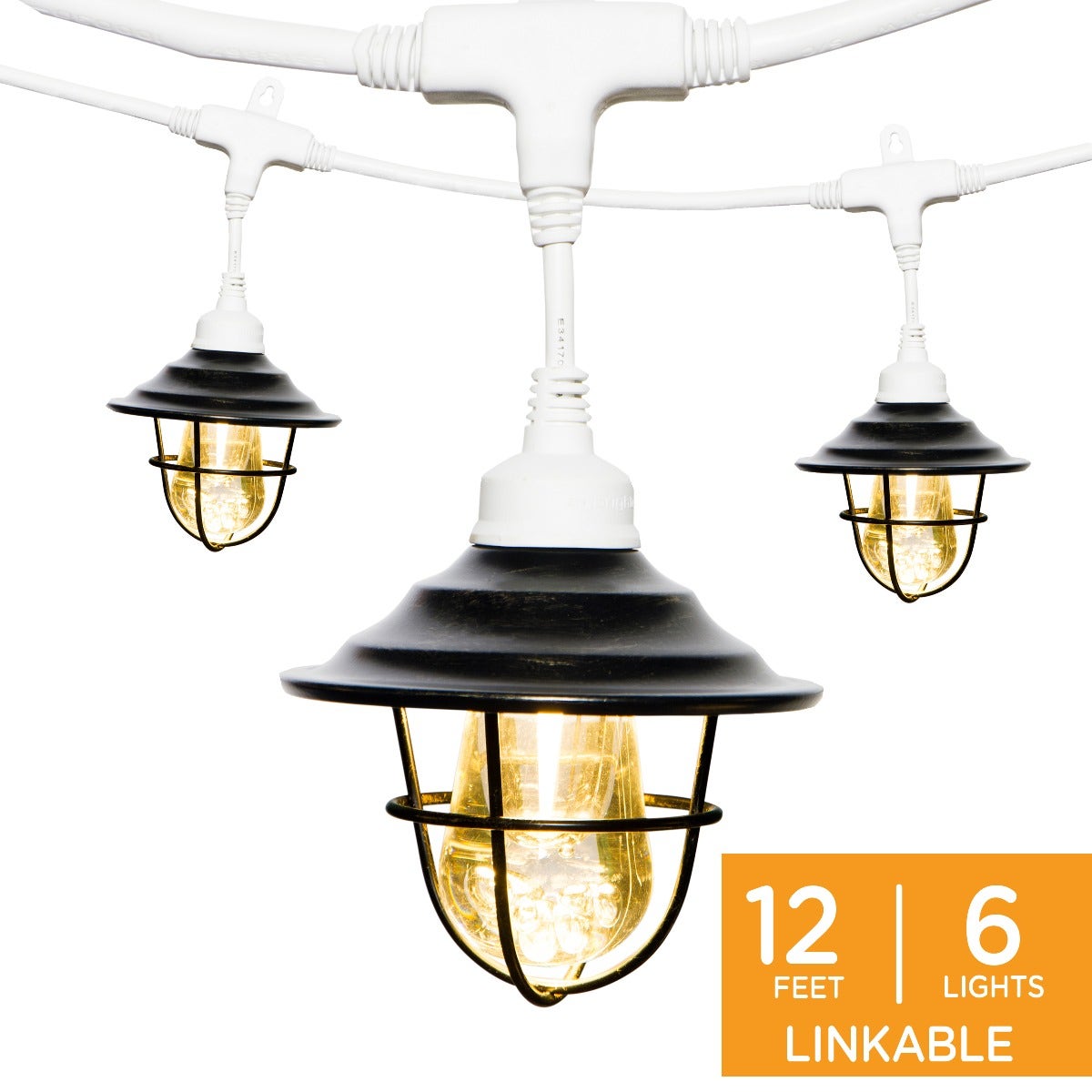 Enbrighten Light Bundle - Vintage LED Cafe Lights (6 Bulbs, 12ft. White Cord) and 6 Oil-Rubbed Bronze Cage Light Shades