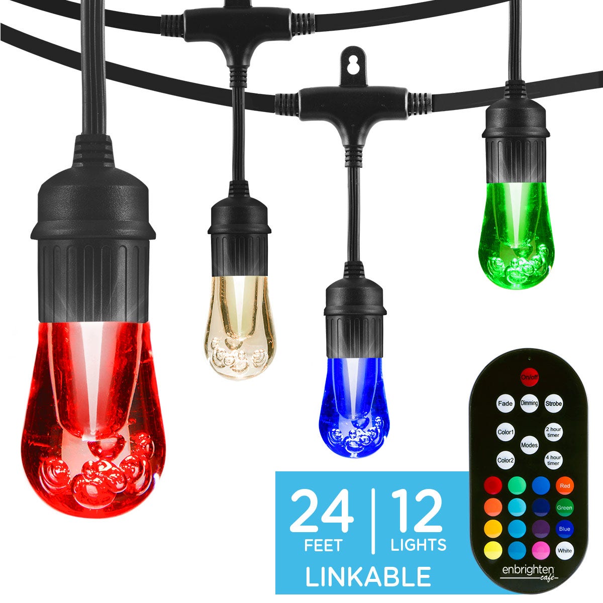 Enbrighten Seasons Color-Changing Vintage LED Cafe Lights, 12 Bulbs, 24ft. Black Cord