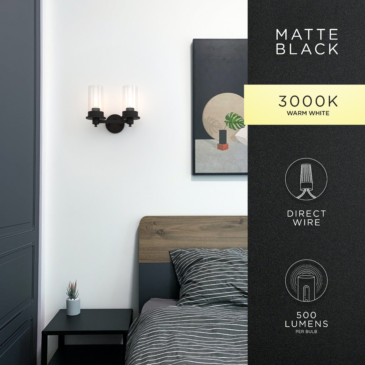 Enbrighten 2-Head Vanity Light with LED Vintage Bulbs, Matte Black
