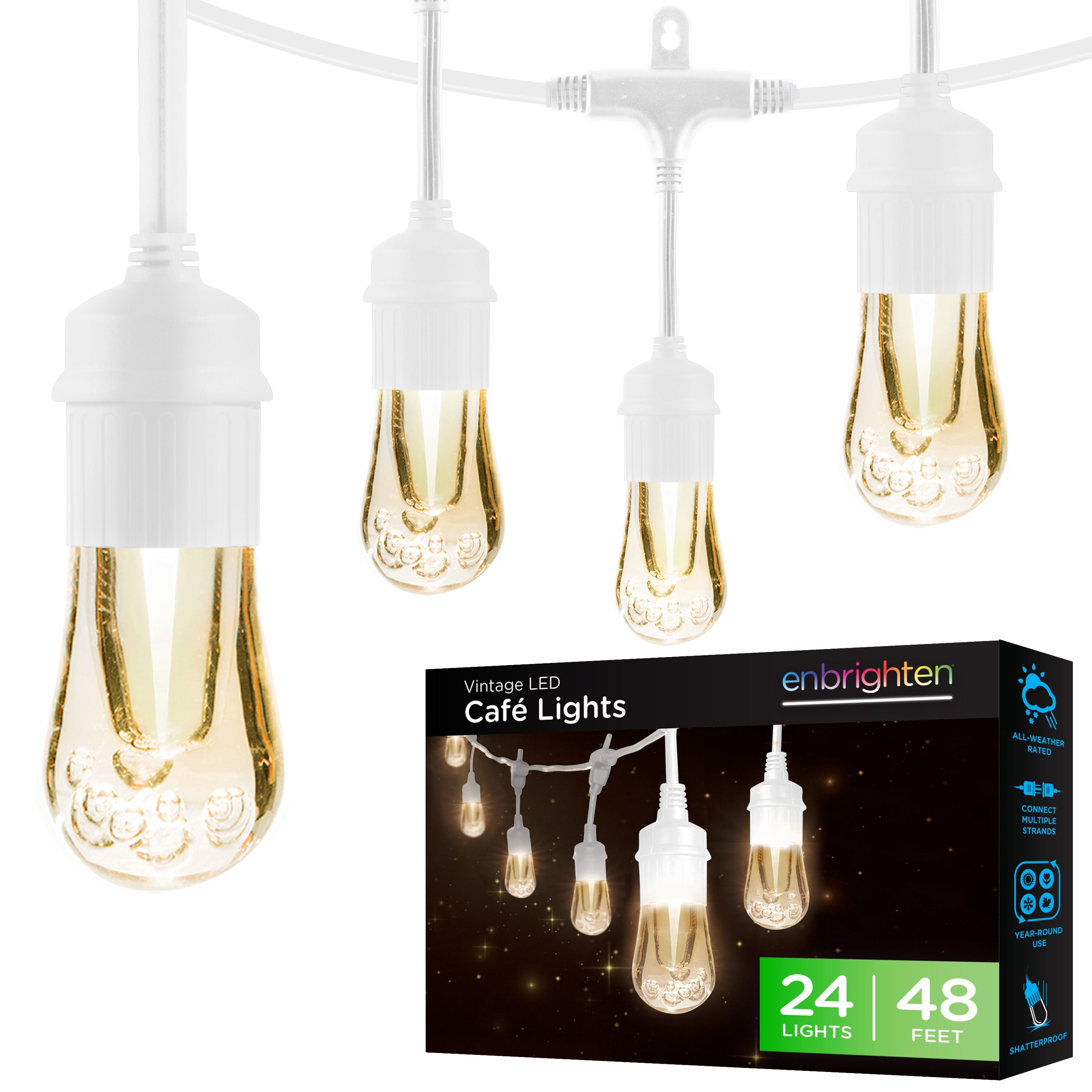 Enbrighten Vintage LED Cafe Lights, 24 Bulbs, 48ft. White Cord