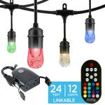 Enbrighten Bundle - Seasons Color-Changing Classic LED Cafe Lights (12 Bulbs, 24ft. Black Cord) with Enbrighten Outdoor Plug-in 2-Outlet WiFi Smart Switch